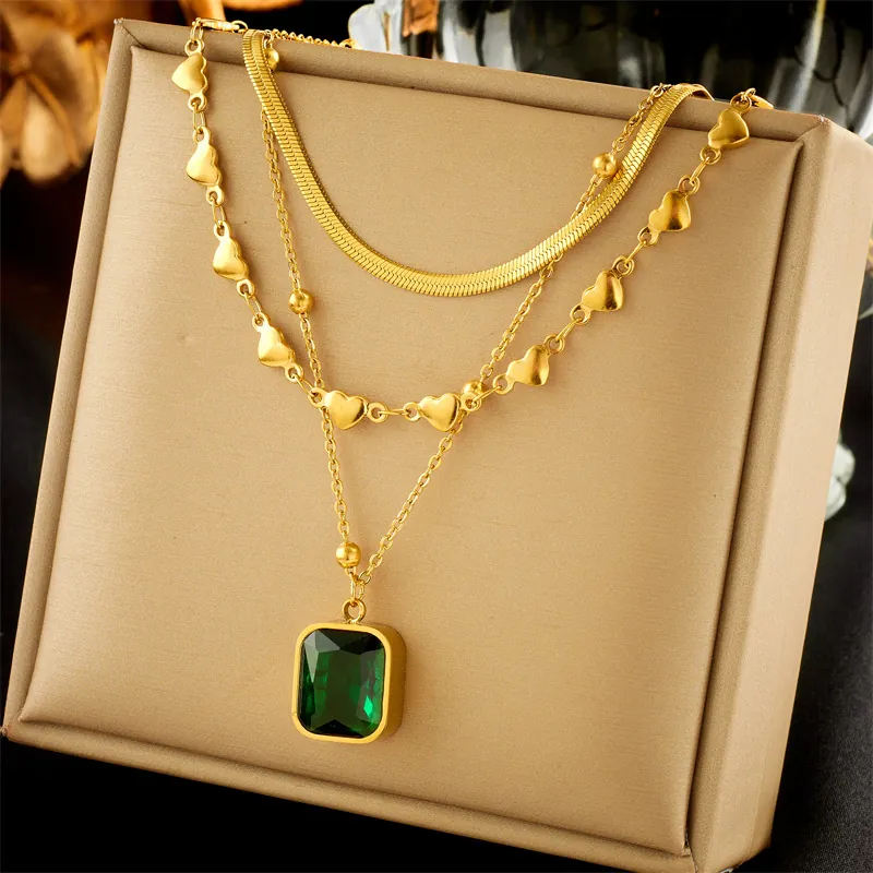 Layered Titanium Steel Necklace Women Gold Snake Chain Heart Green Rhinestone Square Pendant Fashion Commuter Jewelry