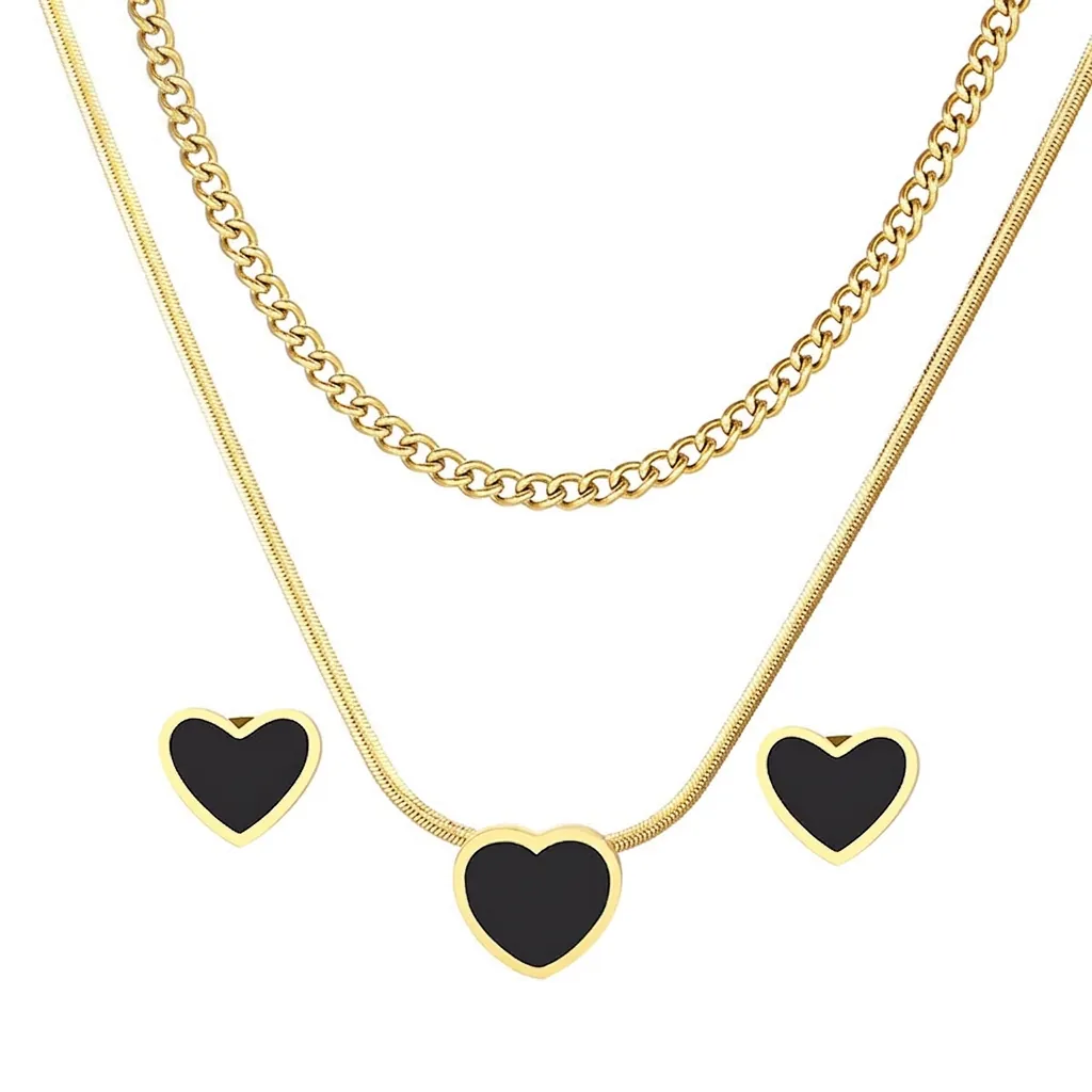 Fashion Double Layer Stainless Steel Necklace Earrings Jewelry Set Black Heart Love Charm Snake Cuban Chain For Women