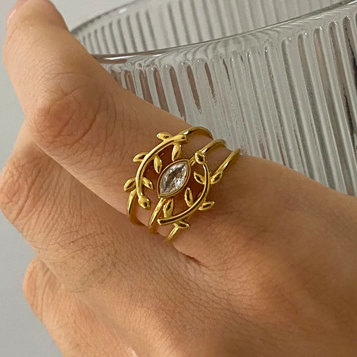 Marquise Zircon Olive Branch Leaf Stackable Rings Gold Plated Stainless Steel Jewelry For Women Elegant Nature Style