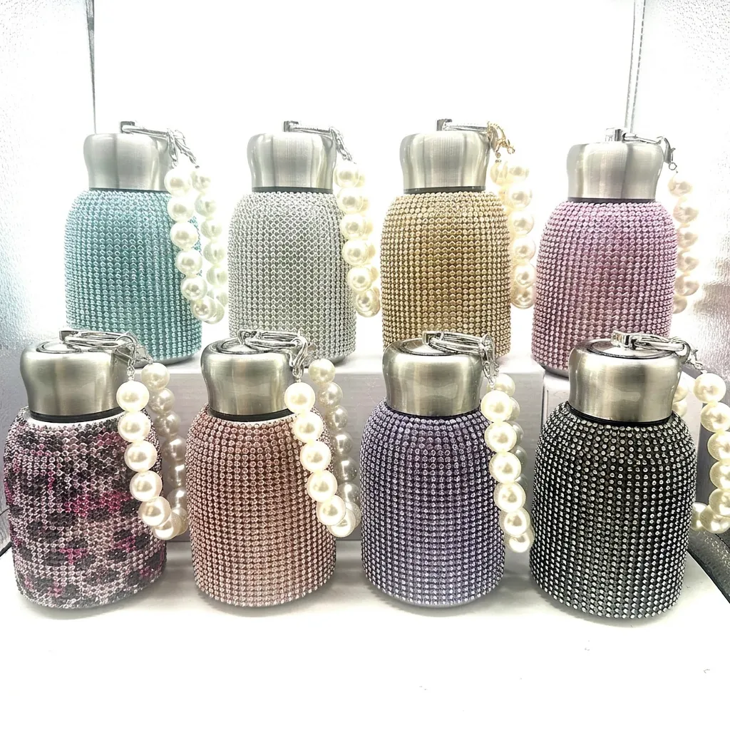 304 Stainless Steel Vacuum Insulated Bottle Rhinestone Encrusted Bling Thermos With Artificial Pearl Handle Portable Luxury Flask