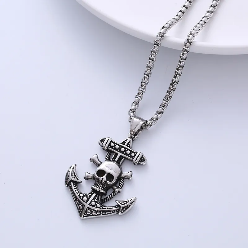 Men Retro 316L Stainless Steel Skull Anchor Pendant Necklace Hip Hop Punk Pirate Gothic Jewelry With Box Chain