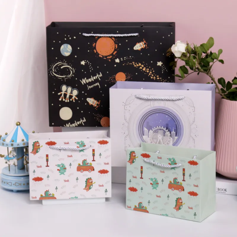 Cartoon Geschenk Papiertüten Mit Henkeln Für Geburtstagsparty Verpackung Weißer Karton Süße Dinosaurier Weltraum Riesenrad