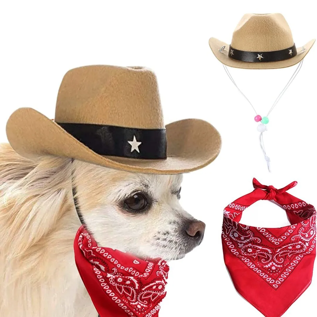 Western Pet Cowboy Hat And Scarf Felt Adjustable Hat With Star Studs Paisley Bandana For Halloween Costume Party