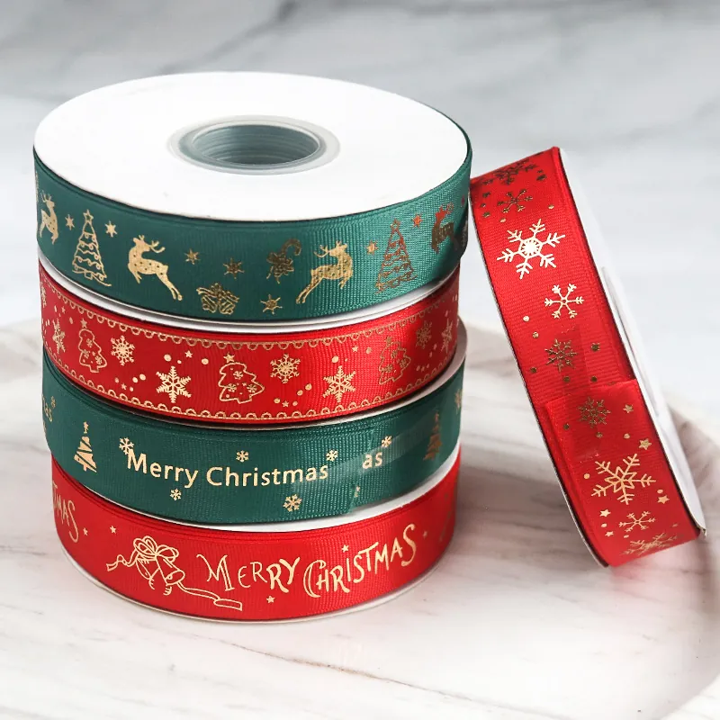 Christmas Grosgrain Ribbon Gold Stamping Merry Christmas Patterns For Gift Wrapping DIY Craft Holiday Party Decoration