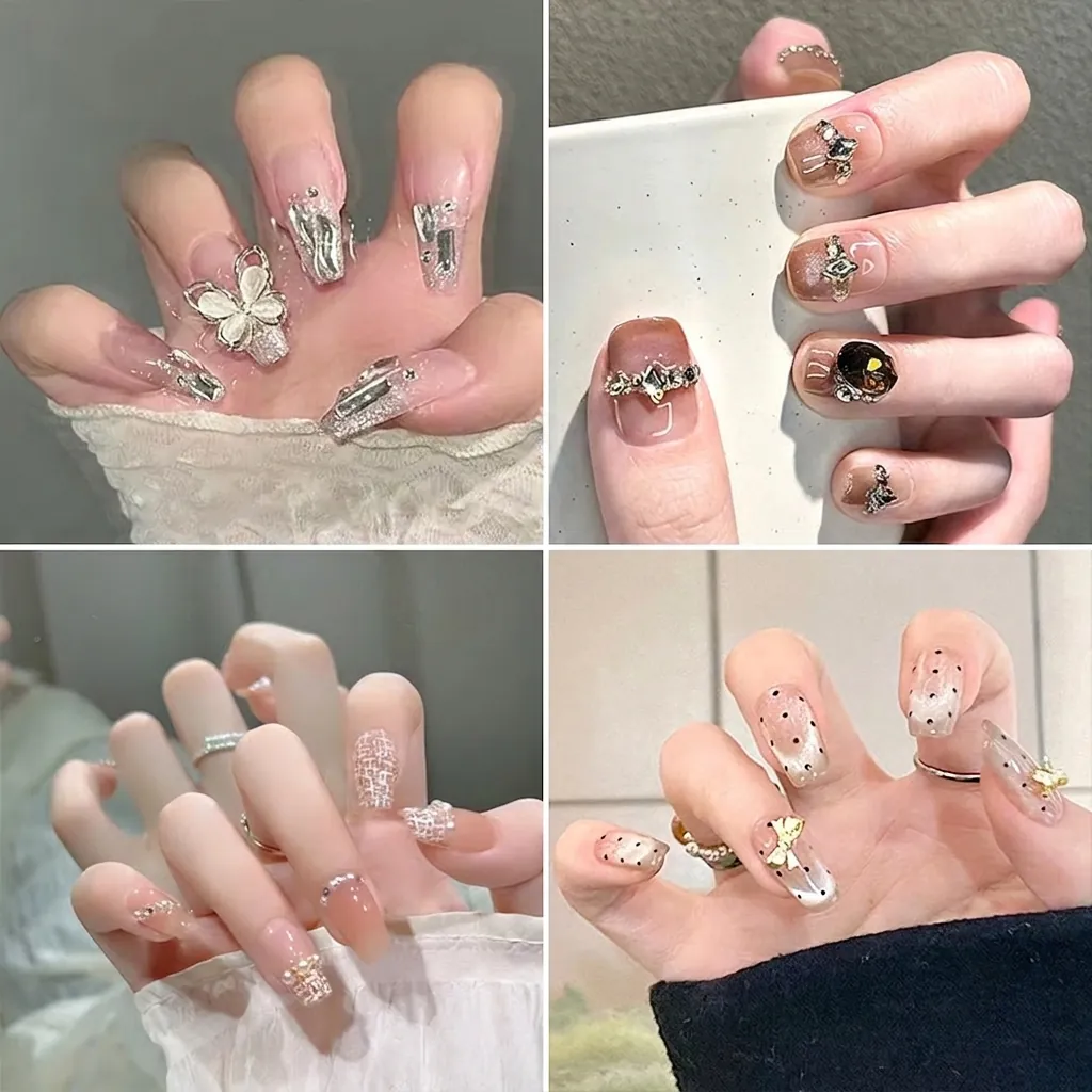 Luxury Elegant Press On Nails Cat Eye French Style With Rhinestones Artificial Pearls Butterflies Bows For Women Long Manicure