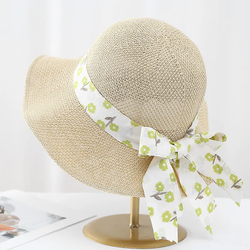Women Woven Straw Bucket Hat Breathable Summer Sun Protection Beach Floral Ribbon Bow Elegant Wide Brim Sunshade