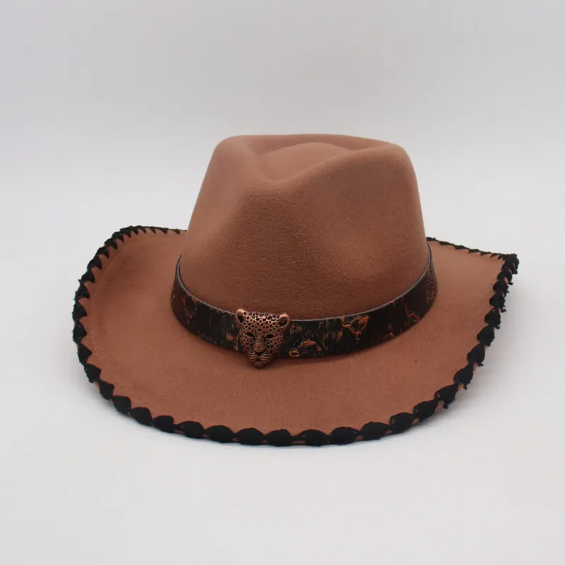 Western Cowboy Hat Cotton Polyester Felt Wide Brim Leopard Head Buckle Whipstitch Edge Retro Fedora Ethnic Style