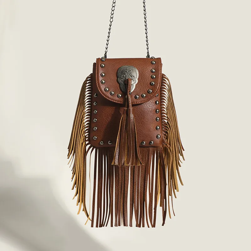 Women PU Leather Crossbody Bag With Long Tassel Fringe And Metal Skull Decor Riveted Bohemian Punk Style Shoulder Phone Purse
