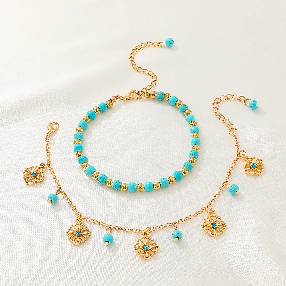 Bohemian Alloy Artificial Pearl Rhinestone Bracelet And Anklet Gold Hollow Flower Pendant Jewelry For Women Vacation Accessory