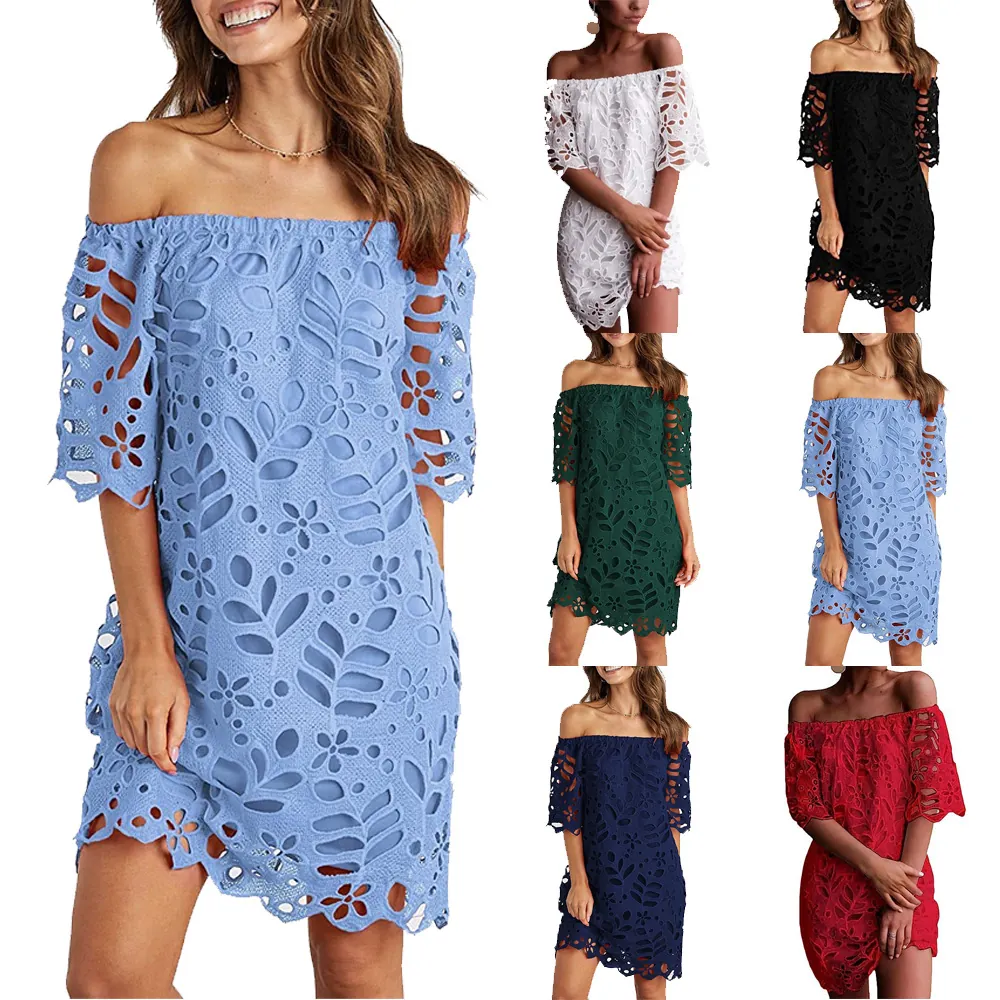 Damen Elegant Schulterfrei Spitze Aushöhlung Mini Kleid Sommer Kurzarm Smok Kleid Für Urlaub Strand Date Party