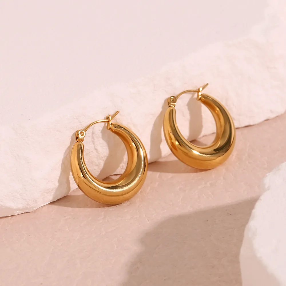 Chunky Hoop Earrings 18K Gold Plated Stainless Steel Hollow Teardrop Waterdrop High Polished Minimalist Luxury Jewelry