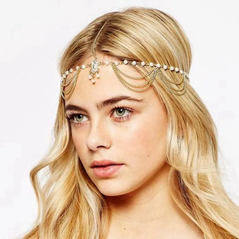 Elegant Multi Layer Head Chain Gold Alloy Faux Artificial Pearl Rhinestone Tassel Forehead Headpiece Boho Vintage Hair Accessory
