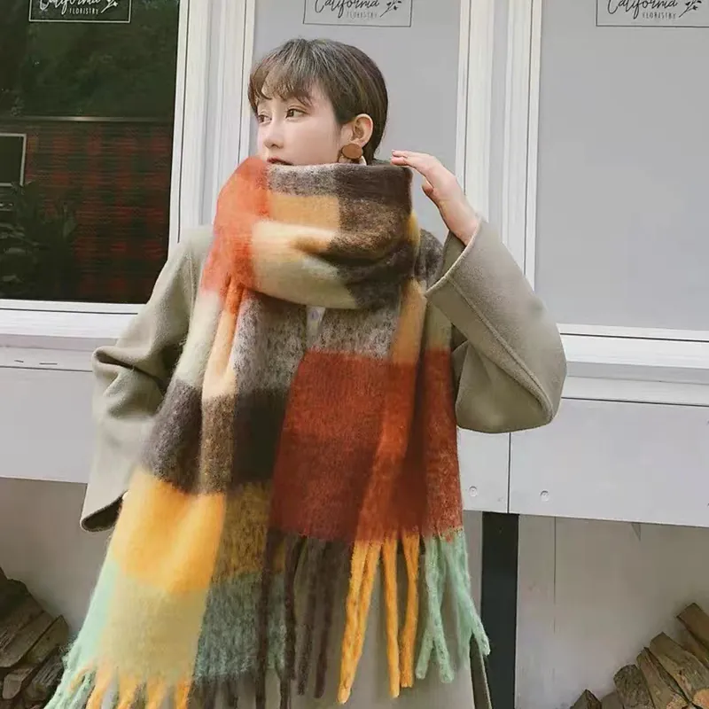 Women Long Thickened Rainbow Scarf Plaid Striped Warm Viscose Winter Scarf With Tassels Korean Style Soft Knit Shawl Wrap