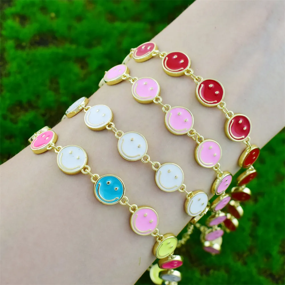 Colorful Smiley Face Charm Bracelet Enamel Copper 18K Gold Plated Adjustable Jewelry Fashion Gift For Women