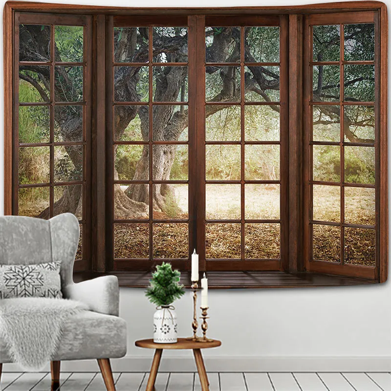 Nature Landscape Tapestry 3D Window View Forest Mountain Polyester Fabric Wall Hanging Decor Aesthetic Room Decoration