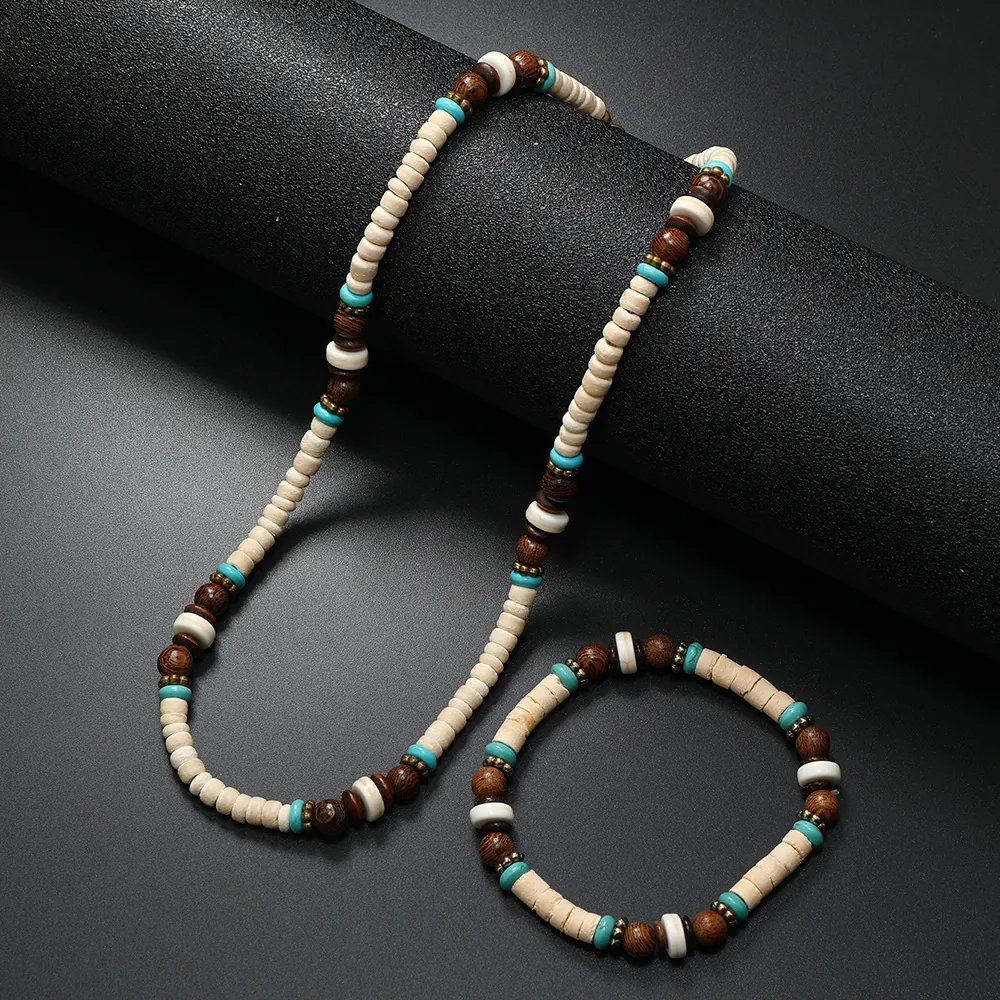 Collier Et Bracelet Perles Bois Noix De Coco Bohème Bijoux Tribal Surfeur Rétro Faits À La Main Pour Hommes Femmes