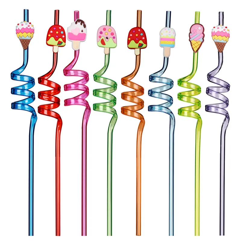 Spiral Plastic Drinking Straws With Cartoon Ice Cream Silicone Attachments For Kids Party Colorful Reusable