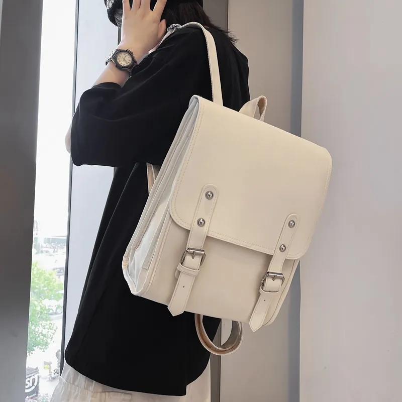 Vintage PU Leather Backpack With Flap Double Buckle Large Capacity School Bag Japanese Style For Women And Men