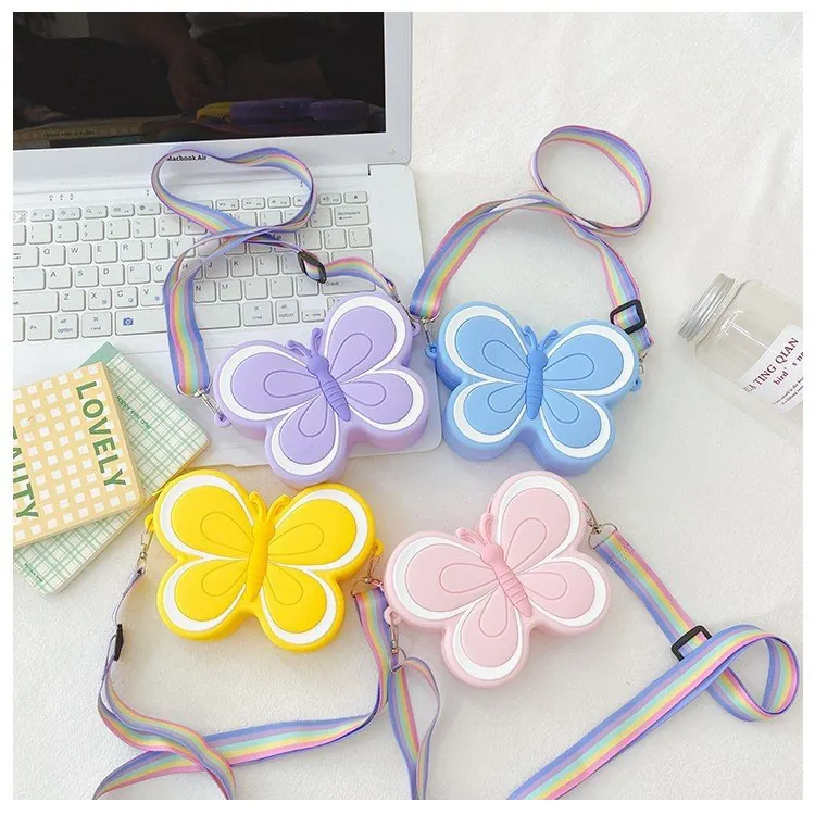 Butterfly Silicone Crossbody Bag Rainbow Strap Waterproof Shoulder Purse For Kids Girls Cute Coin Storage Gift
