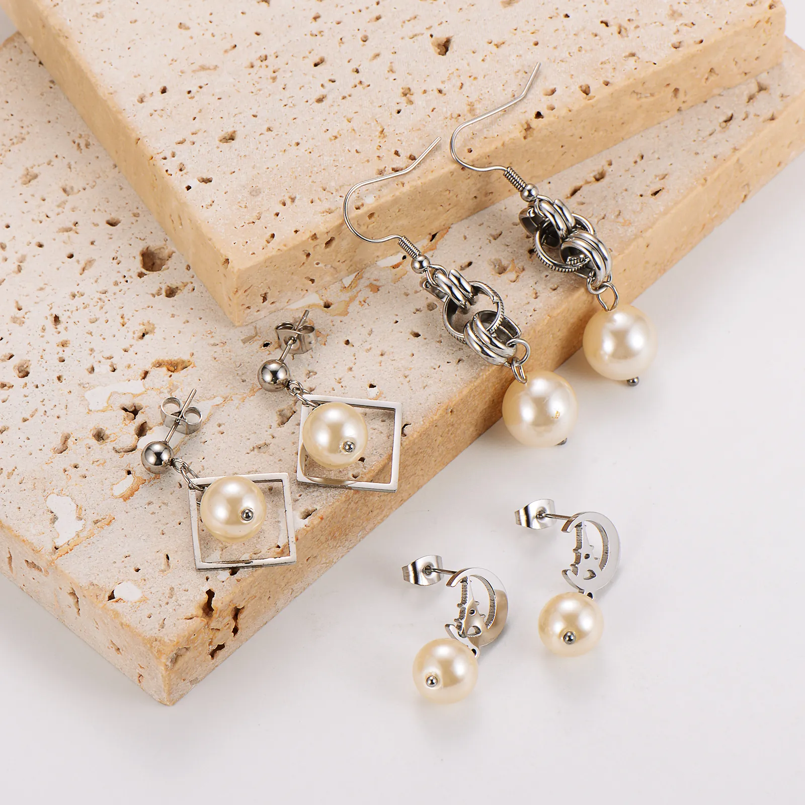 Geometric Artificial Pearl Dangle Earrings 304 Stainless Steel Square Crescent Moon Eiffel Tower Elegant Jewelry For Women