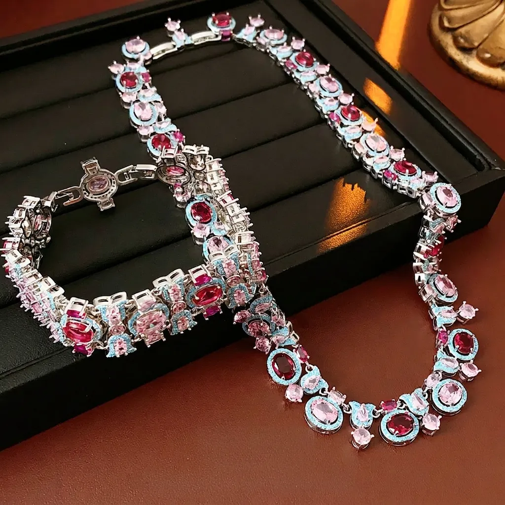 Bijoux Vintage Collier Et Bracelet Cuivre Zircon Pierres Colorées Style Palais Luxe Accessoires Géométriques Pour Femmes