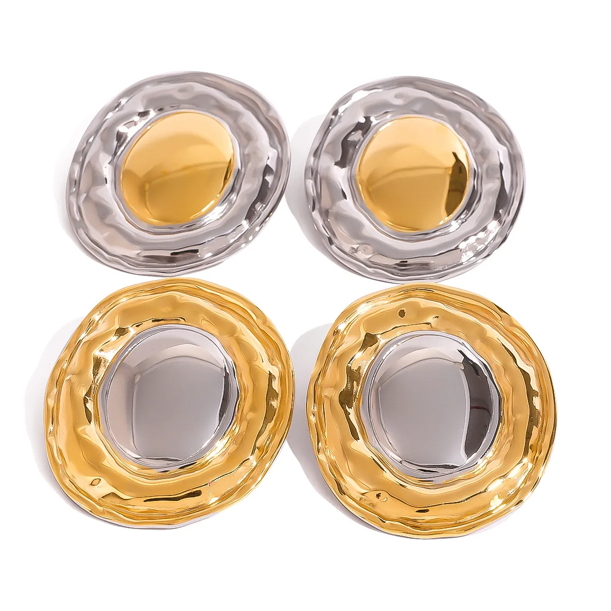 Orecchini in Acciaio Inossidabile Bicolore Oro Argento Moda Donna Orecchini a Bottone Ovali a Trama Martellata Geometrica
