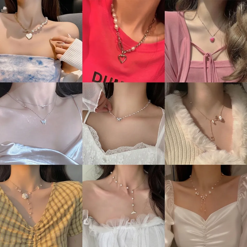 Alloy Faux Artificial Pearl Butterfly Heart Pendant Necklace Elegant Korean Style Clavicle Chain Jewelry For Women Girls Novelty