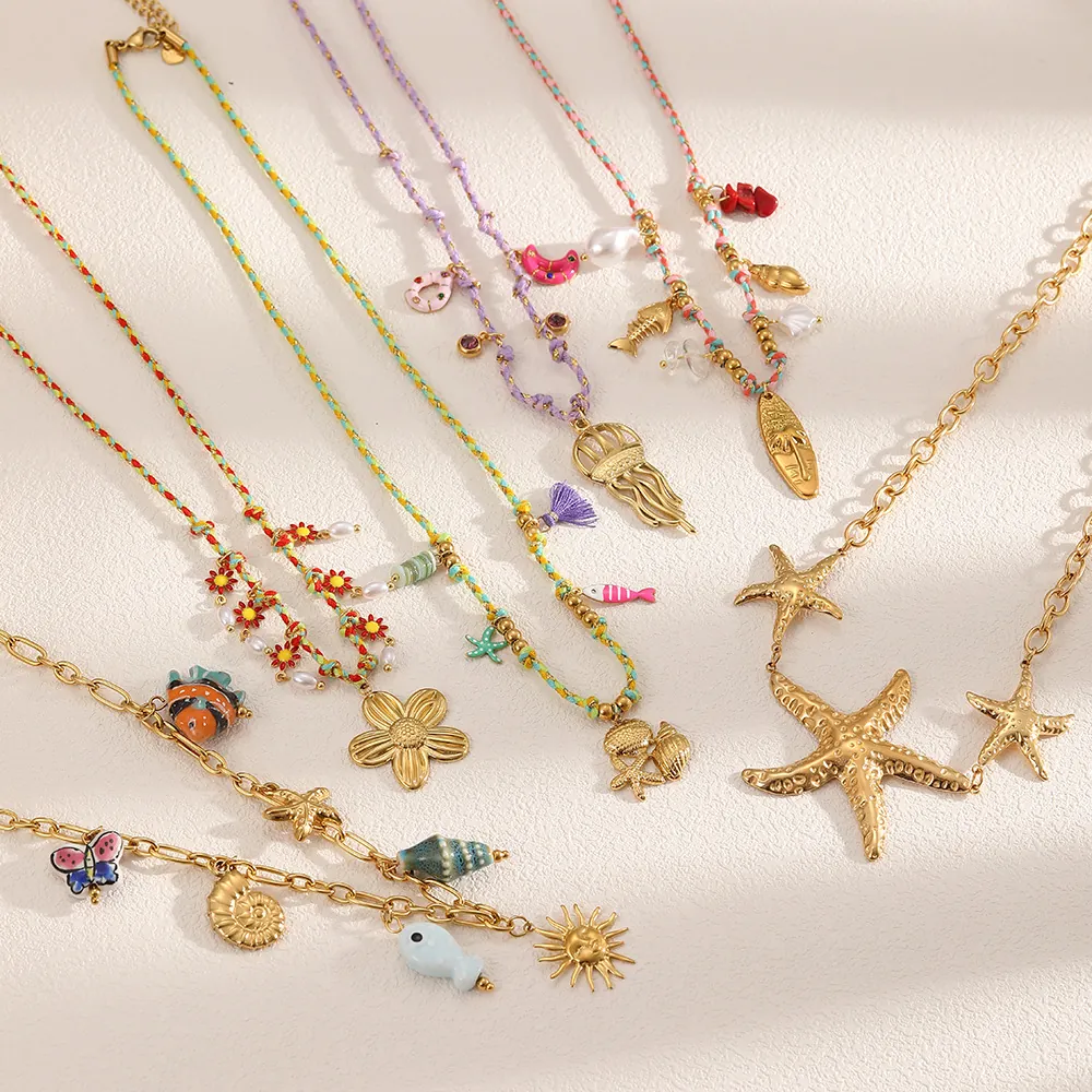 Collier Pendentif Thème Océan Acier Inoxydable Alliage Émail Étoile De Mer Coquillage Bijoux De Vacances À La Plage Pour Femmes