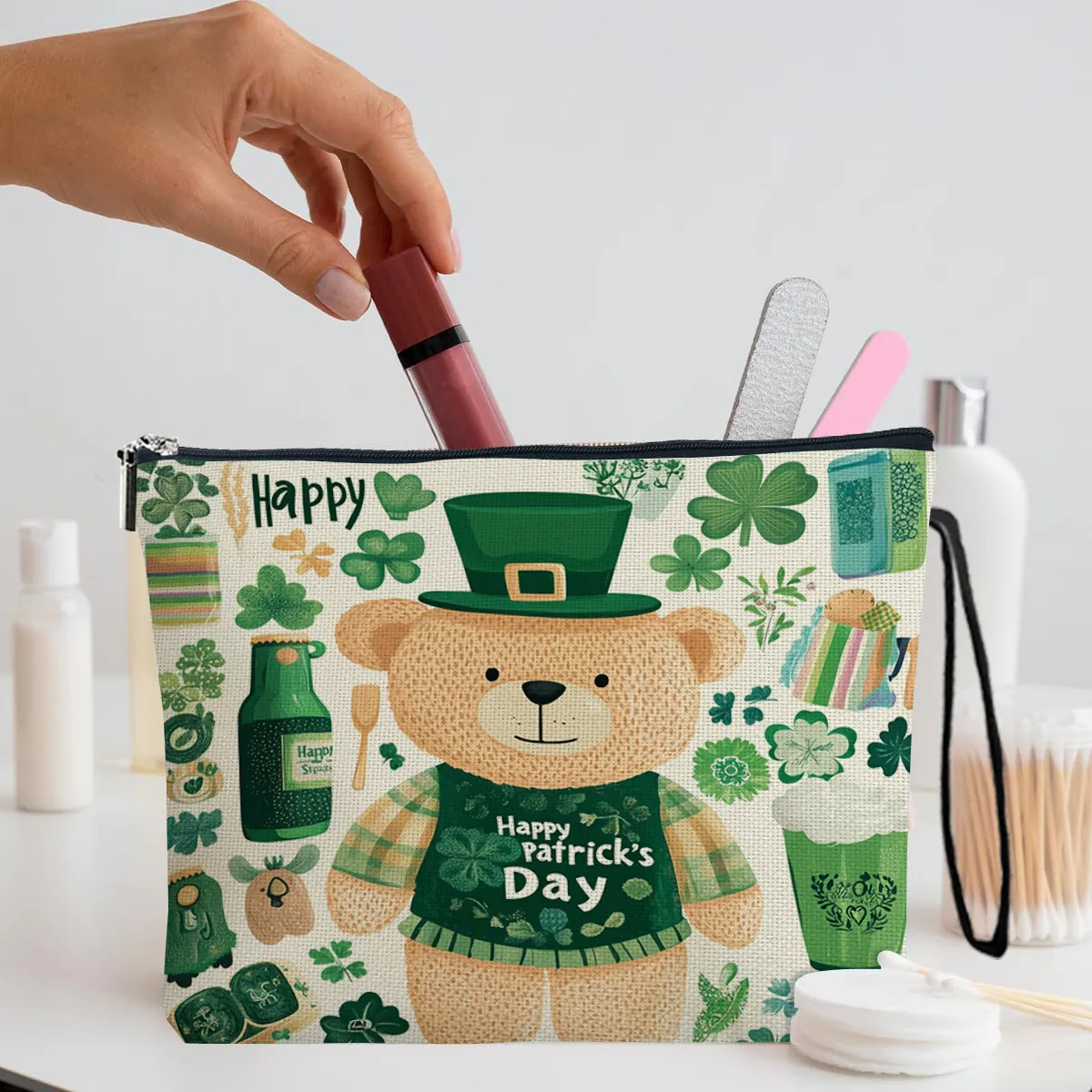 St. Patrick's Day Kosmetiktasche Leinen Make-up Beutel Mit Handschlaufe Kleeblatt Leprechaun Reise Kulturbeutel Organiser