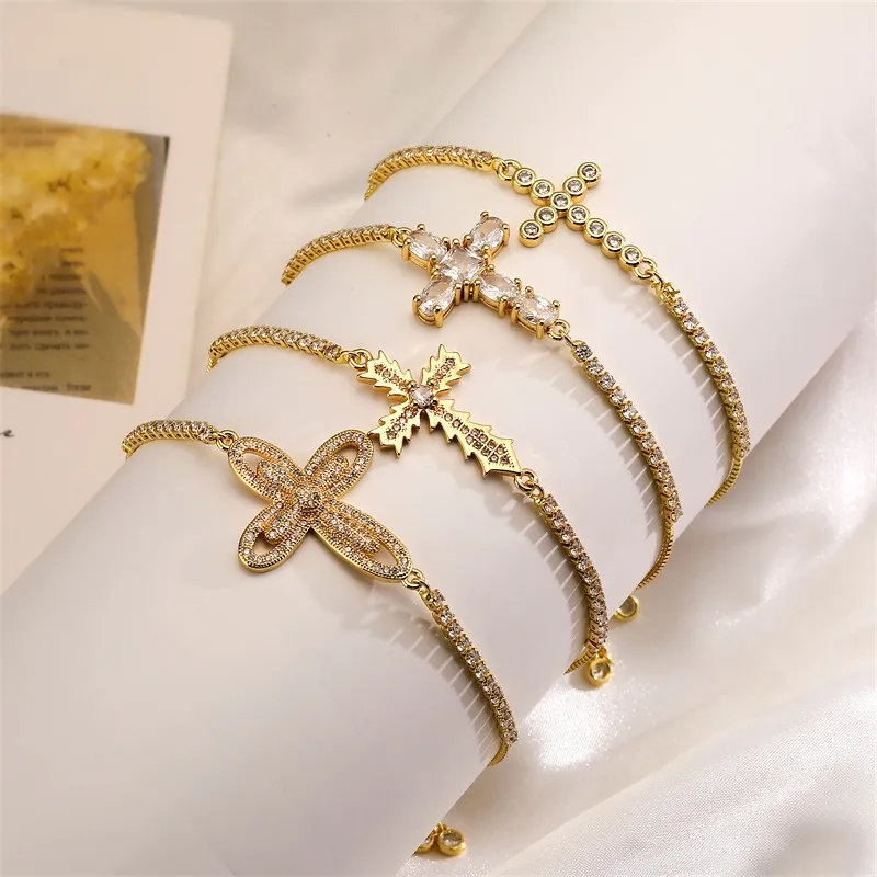 Cross Bolo Bracelet Gold Plated Copper Zircon Adjustable Slider Chain Light Luxury Fashion Jewelry Women
