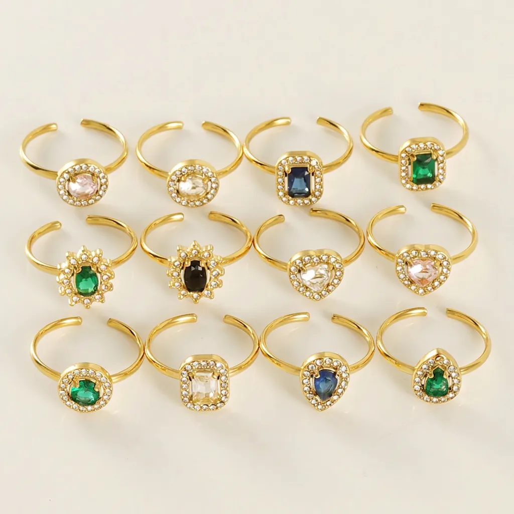 Adjustable Zircon Rings 18K Gold Plated Stainless Steel Open Band Geometric Heart Water Drop Round Jewelry For Women