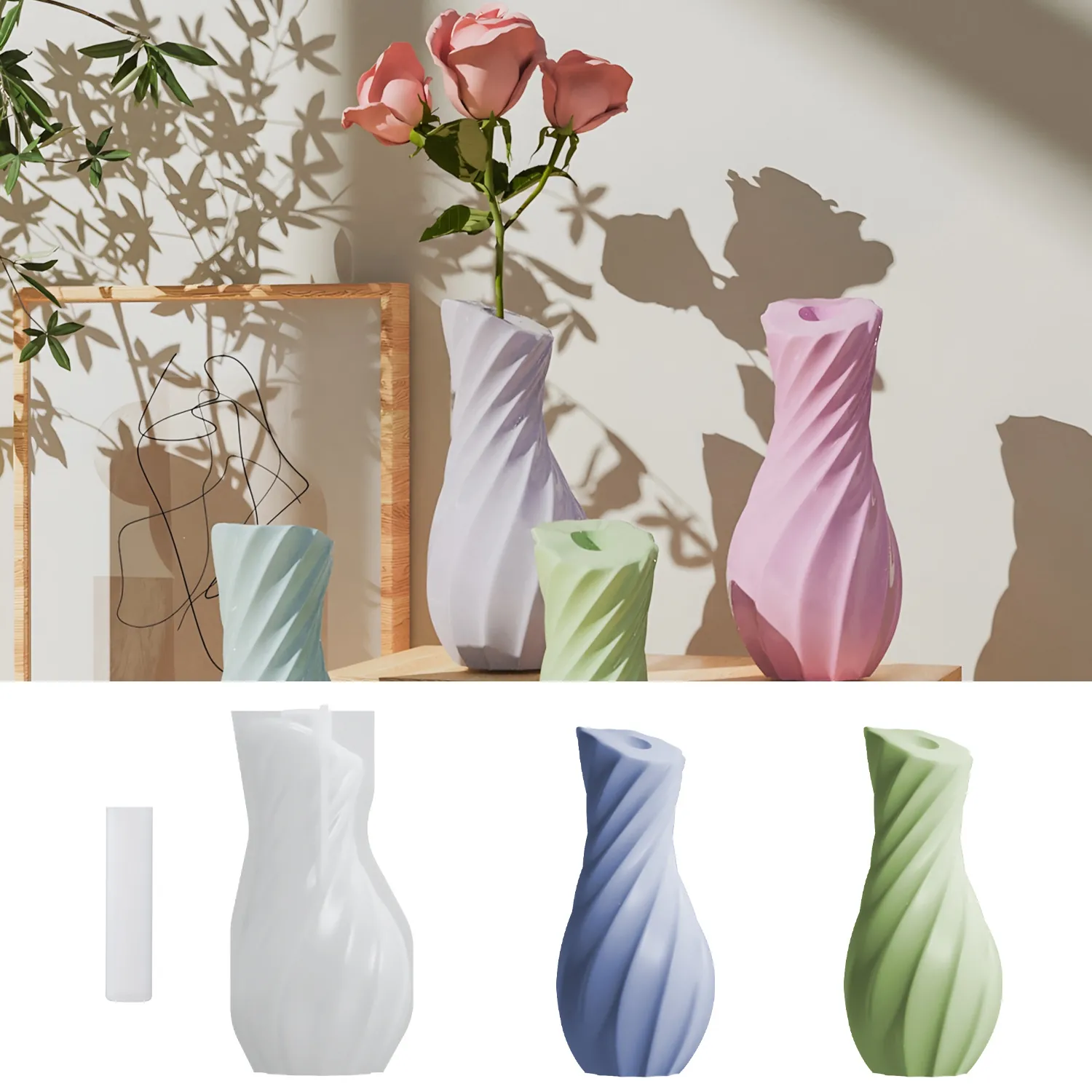 Silicone Vase Mold DIY Epoxy Resin Plaster Casting Striped Spiral Texture Decorative Flower Pot Crafting Tool