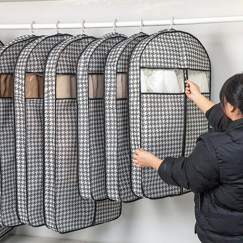 Hanging Garment Dust Covers Clothes Bags Non-Woven Fabric PVC Window Zippered Houndstooth Suit Coat Protector Closet Storage
