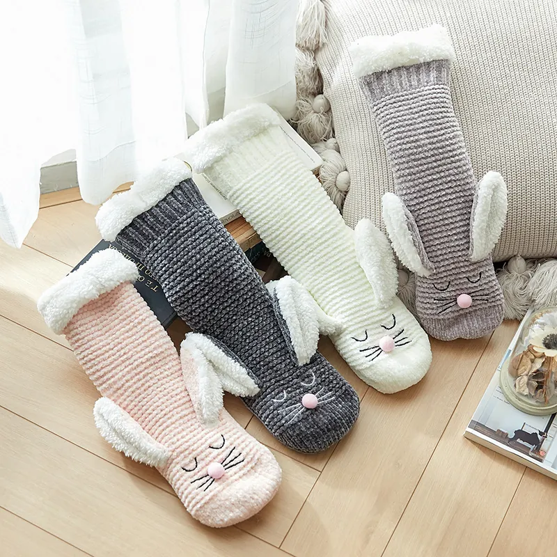Women Cute Rabbit Ears House Socks Winter Thickened Warm Fuzzy Floor Socks Non-slip Lamb Wool Lined Soft Sleep Socks Gift