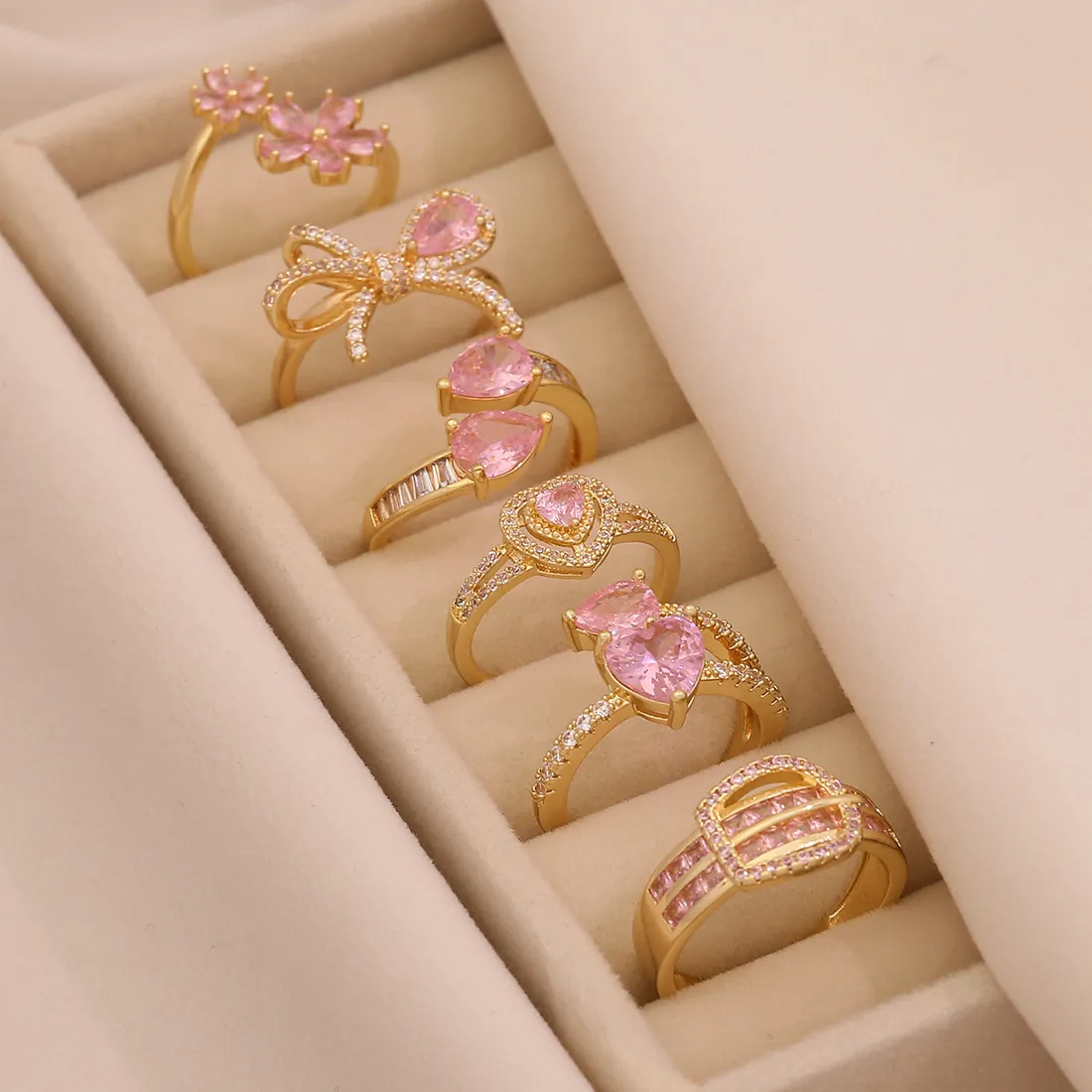 Bague Ajustable En Cuivre Plaqué Or Avec Zircon Rose Cœur Nœud Papillon Fleur Bijoux Élégants Femmes