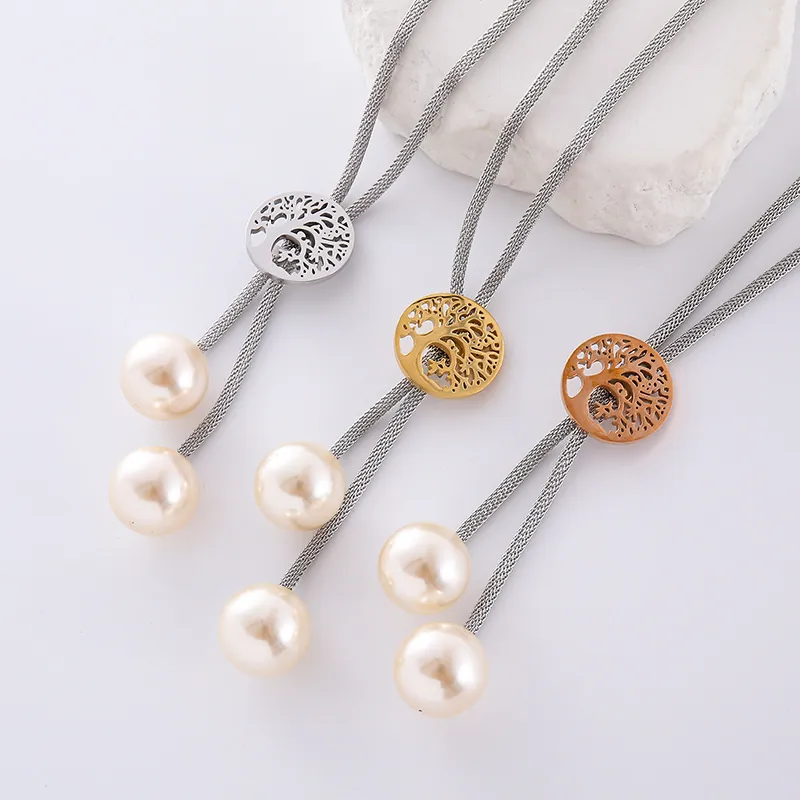 Tree Of Life Pendant Necklace 304 Stainless Steel Mesh Chain With Faux Artificial Pearl Adjustable Long Sweater Chain Fashion Jewelry