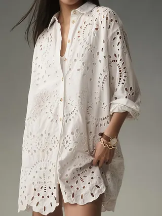 Women Long Sleeve Hollow Out Eyelet Embroidery Shirt Blouse Lapel Collar Button Down Loose Fit Solid Color Elegant Top