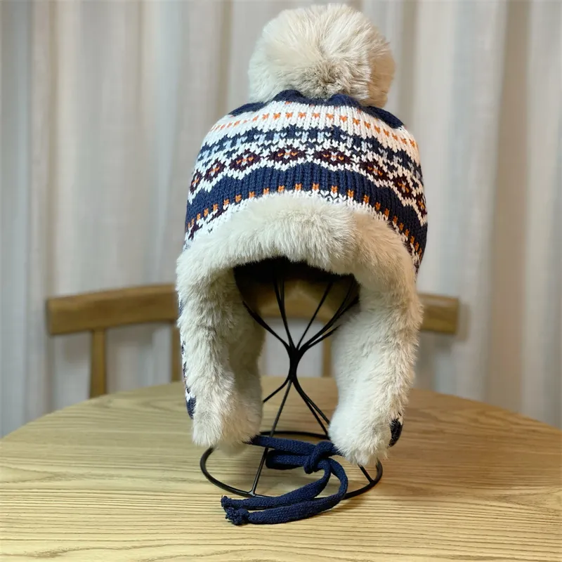 Winter Trapper Hat Knitted Jacquard Faux Fur Lining Warm Ear Flaps Pom Pom Outdoor Skiing Pilot Style Women Men