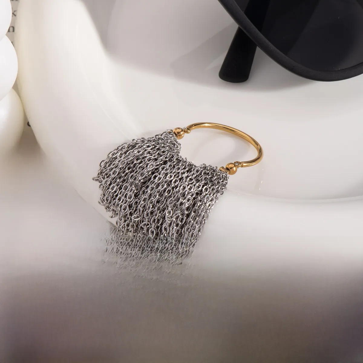 Bague Gland Géométrique Acier Inoxydable Tons Or Et Argent Chaîne Frange Anneau Ouvert Réglable Pour Femmes