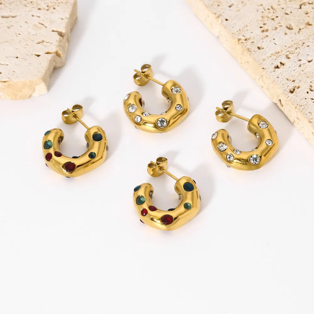 18K Vergoldet Edelstahl C-Förmig Ohrringe Für Damen Bunte Klare Zirkonia Gehämmert Textur Creolen Modeschmuck