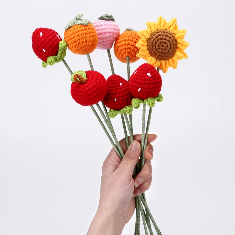 Handmade Crochet Flowers Fruits Bouquet Knitted Wool Yarn Decoration For Home Table Office Gift Realistic Fake Plants