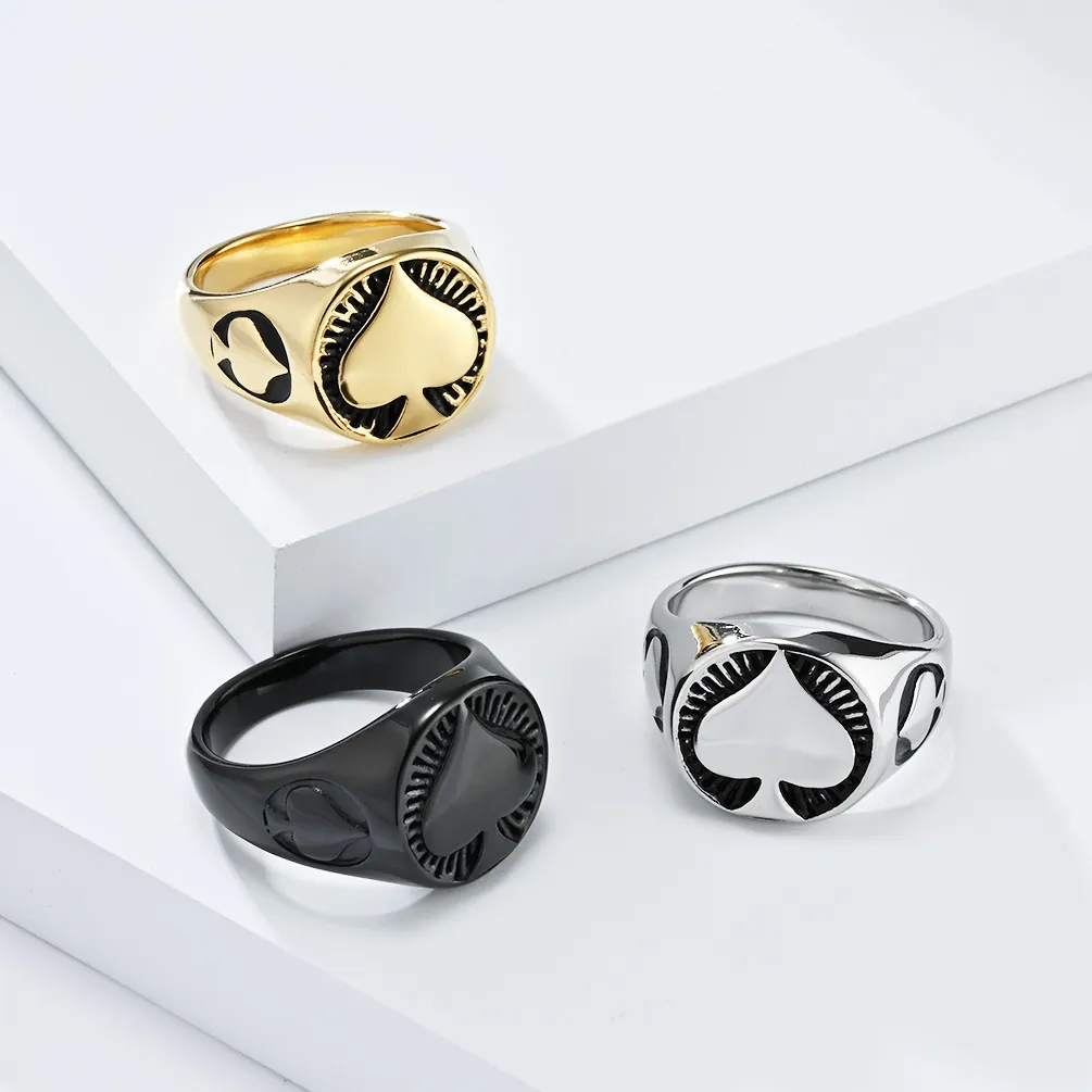 Retro Stainless Steel Ace of Spades Signet Ring for Men Punk Poker Spade A Geometric Polished Band Ring Streetwear Jewelry