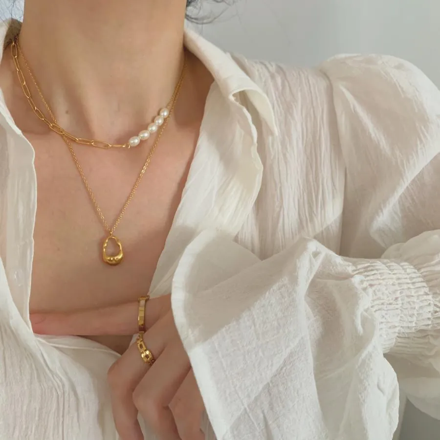 French Style Double Layer Necklace Gold Plated Alloy With Imitation Artificial Pearl Spliced Chain Irregular Water Drop Pendant