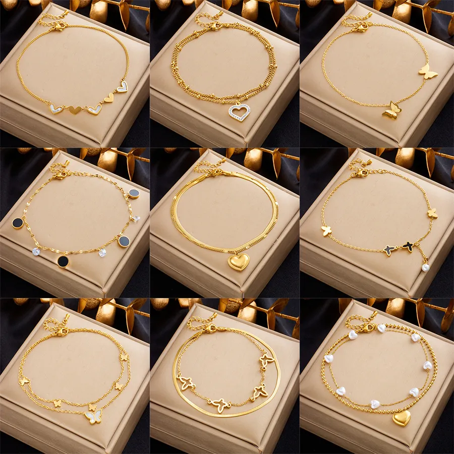 Stainless Steel Heart Butterfly Shell Artificial Pearl Charm Double Layer Anklet For Women Adjustable Minimalist Elegant Gold Foot Jewelry