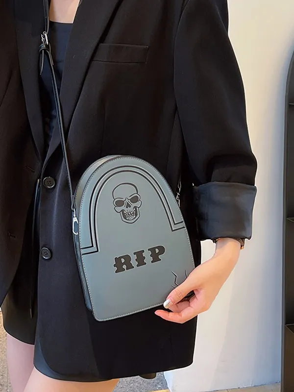 Sac Bandoulière Pierre Tombale Simili Cuir Gothique RIP Crâne Imprimé Halloween Nouveauté Pochette Épaule Femmes