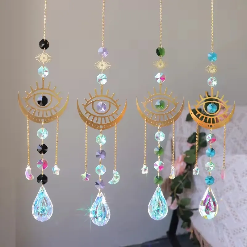 Acchiappasole In Cristallo Ornamento Sospeso Luna Malocchio Stella Metallo Prisma Arcobaleno Arredo Finestra Giardino