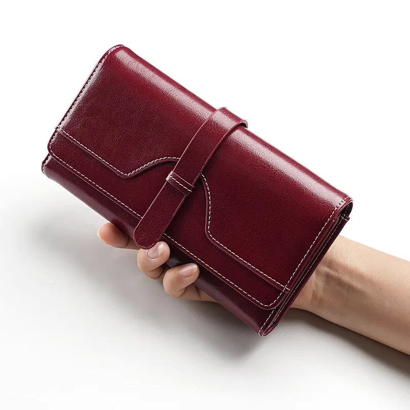 Women Long Wallet Cowhide Leather RFID Blocking Vintage Contrast Stitching Multi Card Slots Purse Clutch For Daily Use