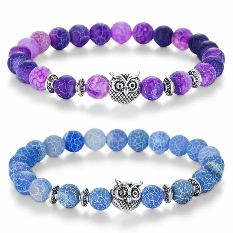 Owl Beaded Bracelet Natural Stone Agate Tiger Eye Turquoise Alloy Charm Boho Retro Ethnic Jewelry For Men Women
