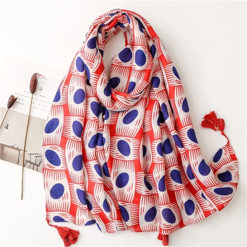 Geometric Oval Print Scarf Shawl With Tassels Soft Cotton Linen Feel Fashion Large Beach Wrap For Women Modern Red Blue