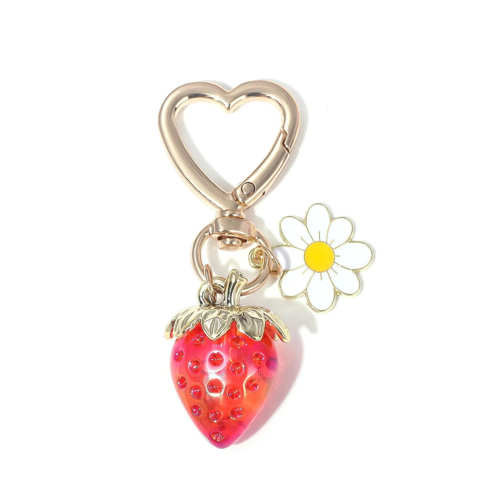 Sweet Translucent Strawberry Heart Keychain Bag Pendant With Enamel Daisy Rabbit Bee Charm Alloy Resin Ins Style Women Gift
